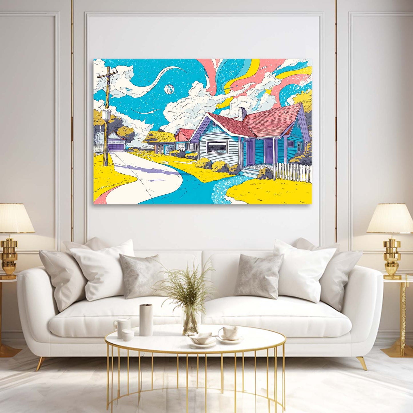 Colorful Cartoon Farm Farmhouse Art – styled in a furnished interior