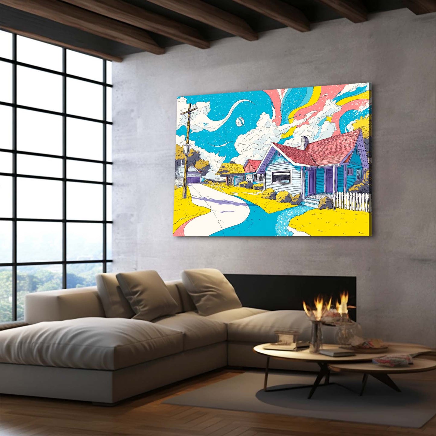 Colorful Cartoon Farm Farmhouse Art – styled in a furnished interior