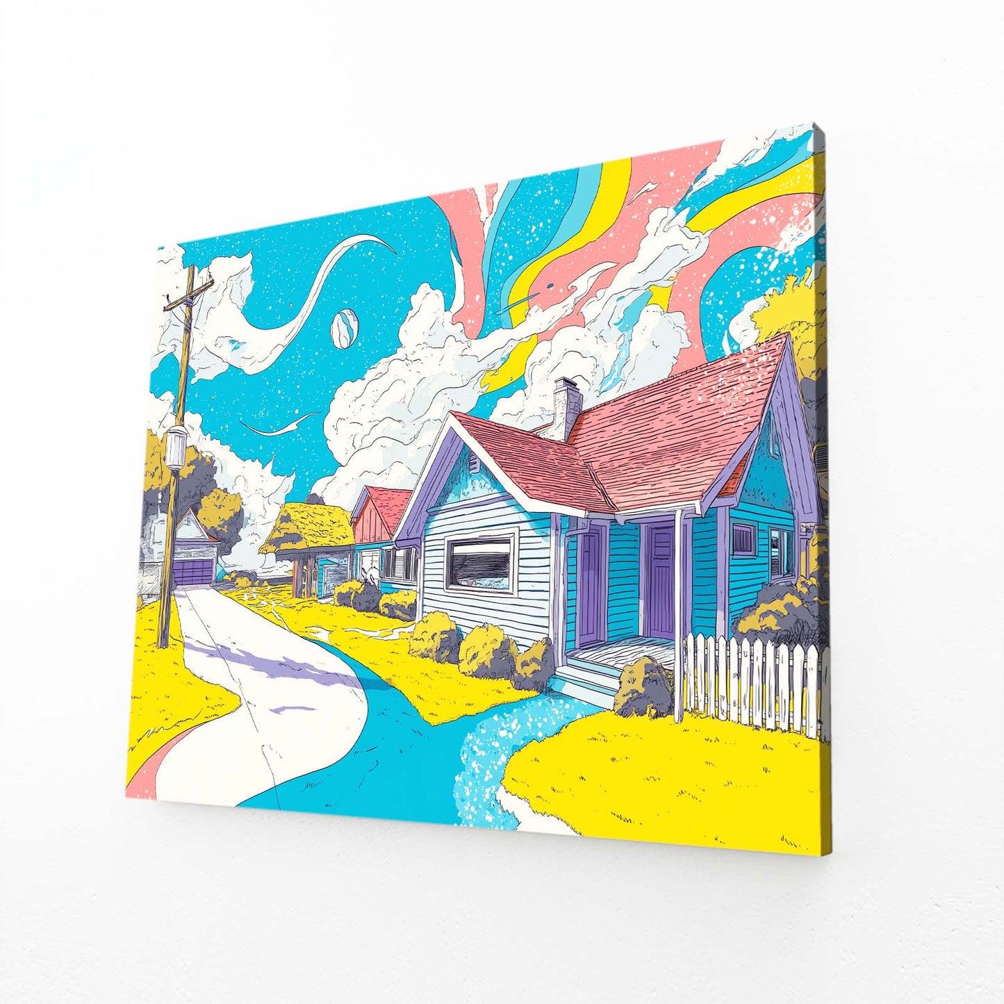 Colorful Cartoon Farm Farmhouse Art – angled canvas view on white background