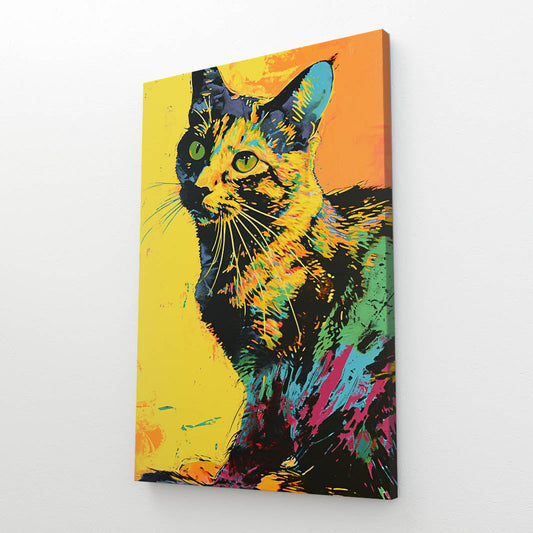 Colorful Cat Artwork — digital canvas print in yellow tones, view 3