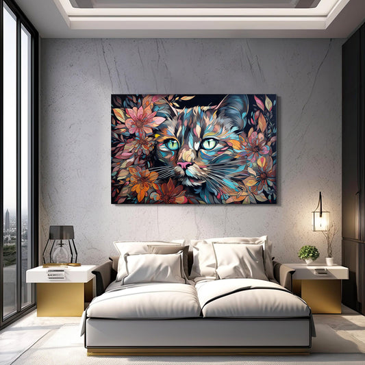 Colorful Cat Face Wall Art — contemporary canvas print in blue tones, view 3