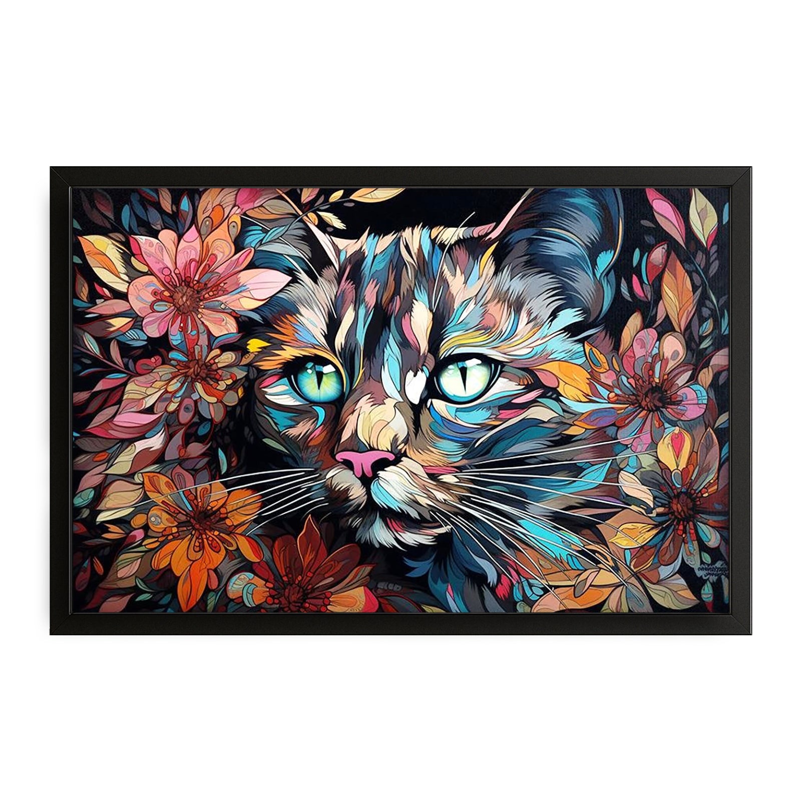 Colorful Cat Face Wall Art — contemporary canvas print in blue tones, with Premium Black frame on white background
