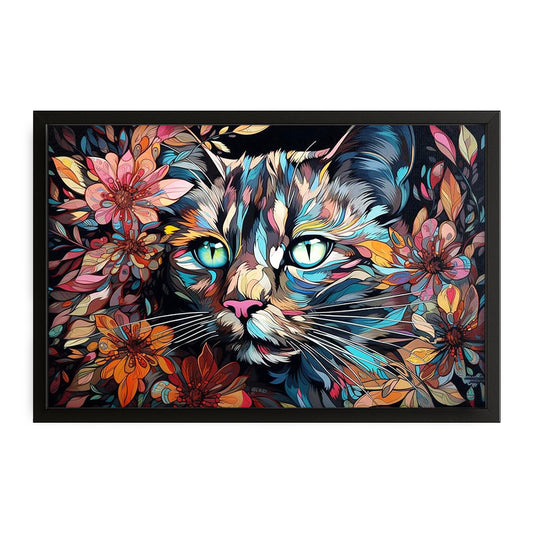 Colorful Cat Face Wall Art — contemporary canvas print in blue tones, with Premium Black frame on white background