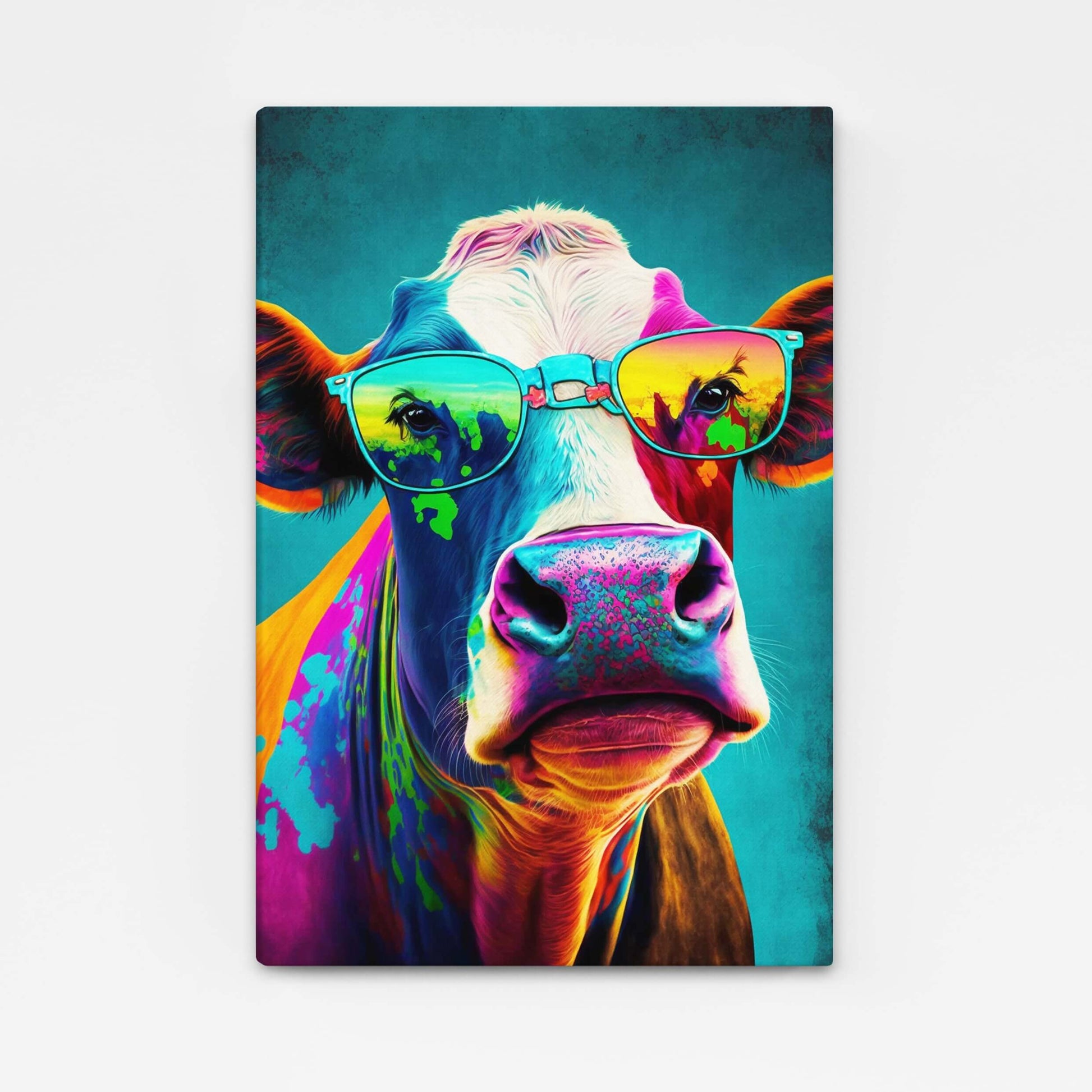 Colorful Cow Art – angled canvas view on white background