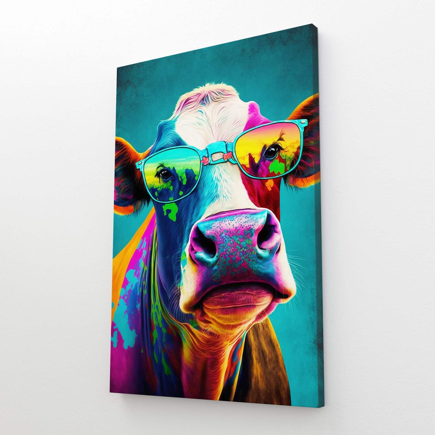 Colorful Cow Art – angled canvas view on white background