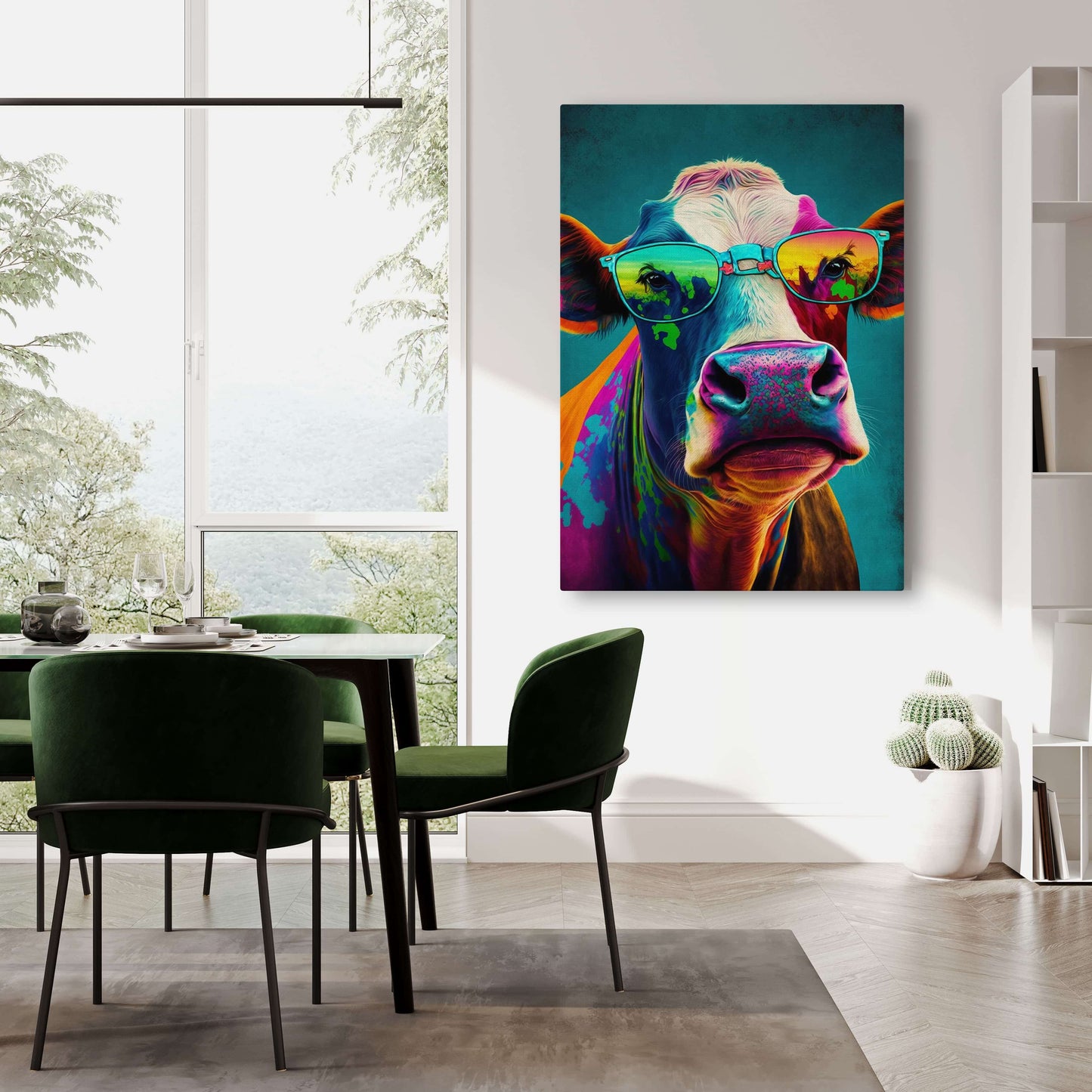 Colorful Cow Art – angled canvas view on white background