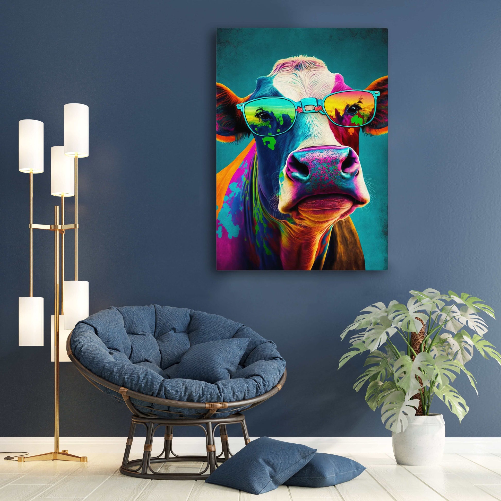 Colorful Cow Art – angled canvas view on white background