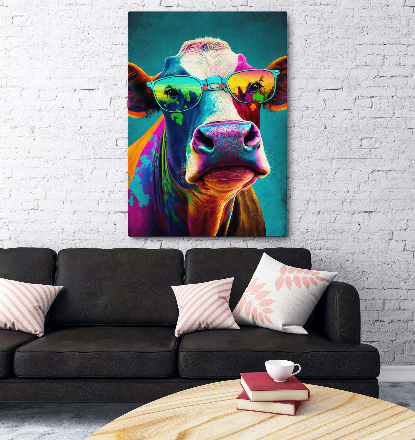 Colorful Cow Art – angled canvas view on white background