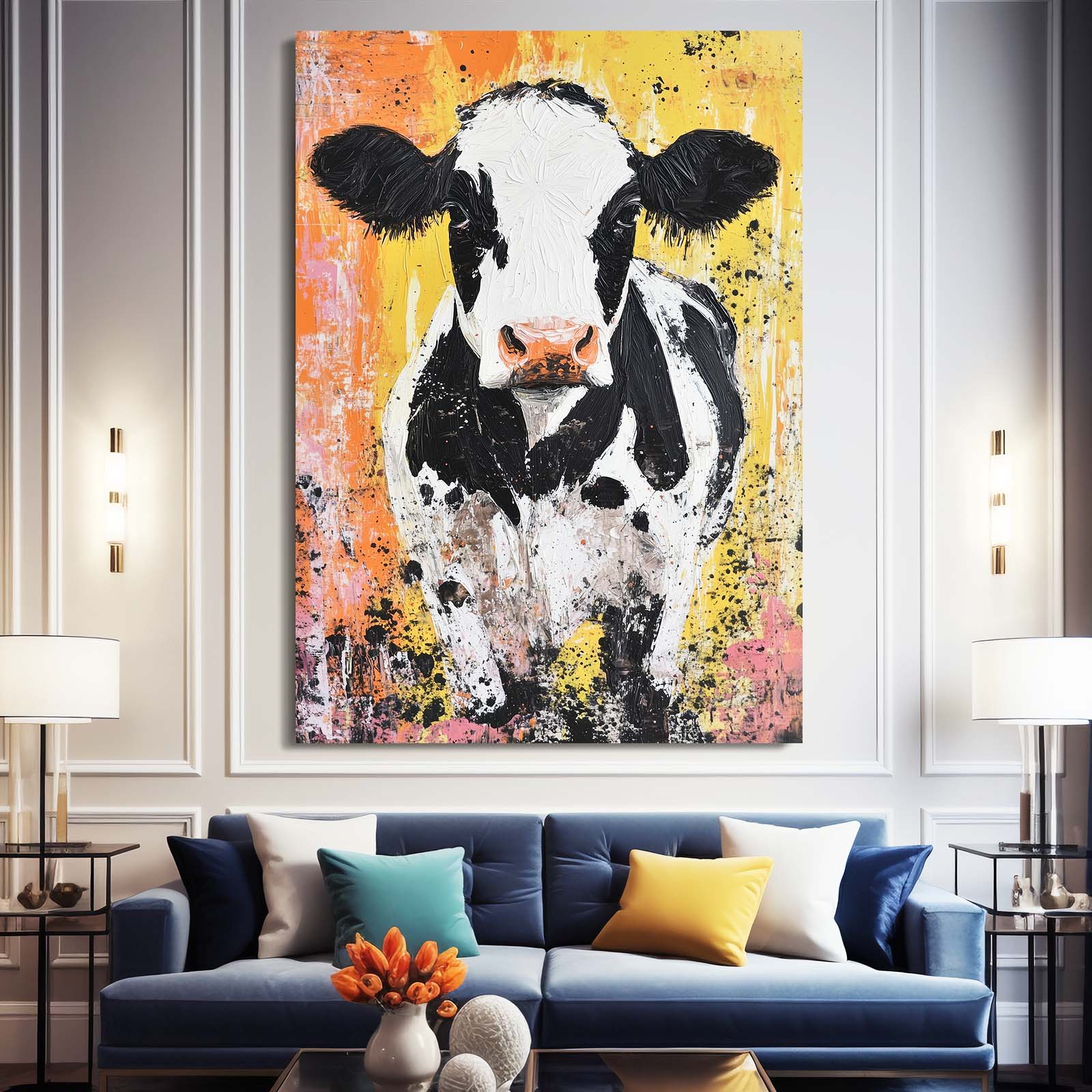 Colorful Cow Canvas – angled canvas view on white background