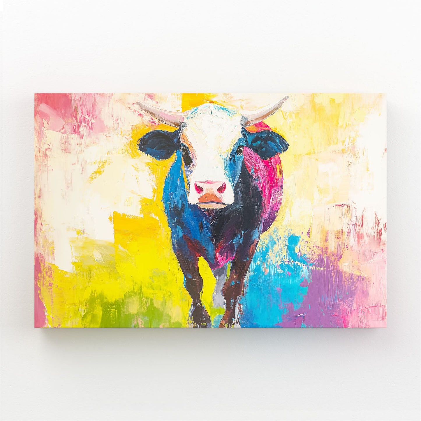 Colorful Cow Prints – angled canvas view on white background
