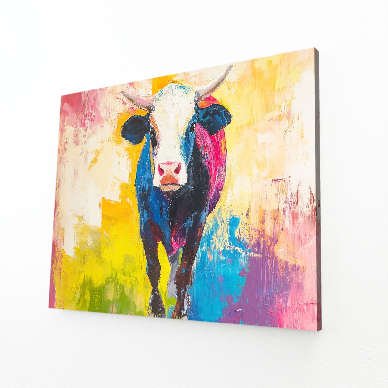 Colorful Cow Prints – angled canvas view on white background