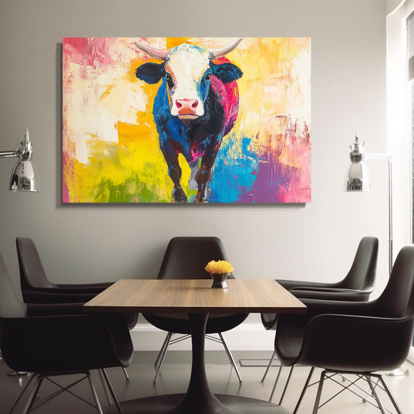 Colorful Cow Prints – angled canvas view on white background