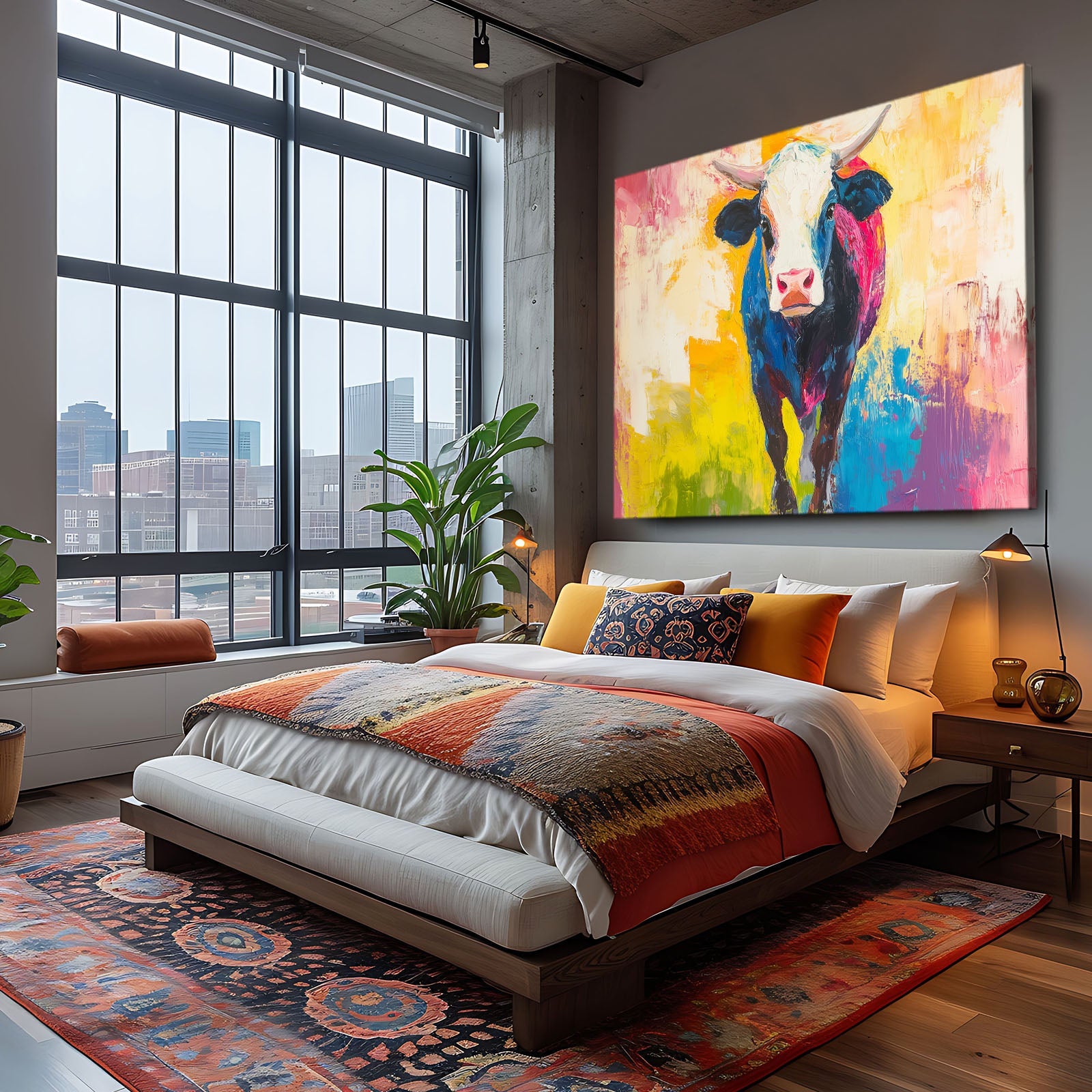 Colorful Cow Prints – angled canvas view on white background