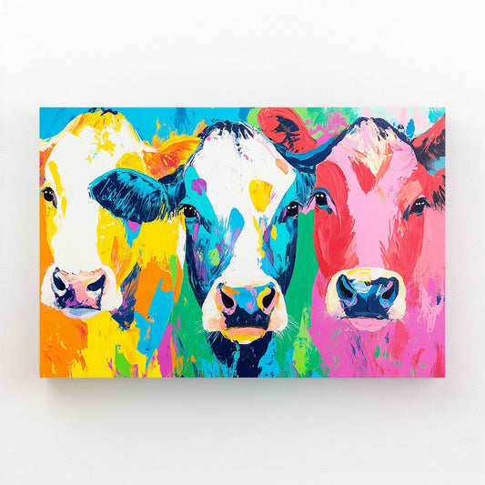 Colorful Cow Wall Art – angled canvas view on white background