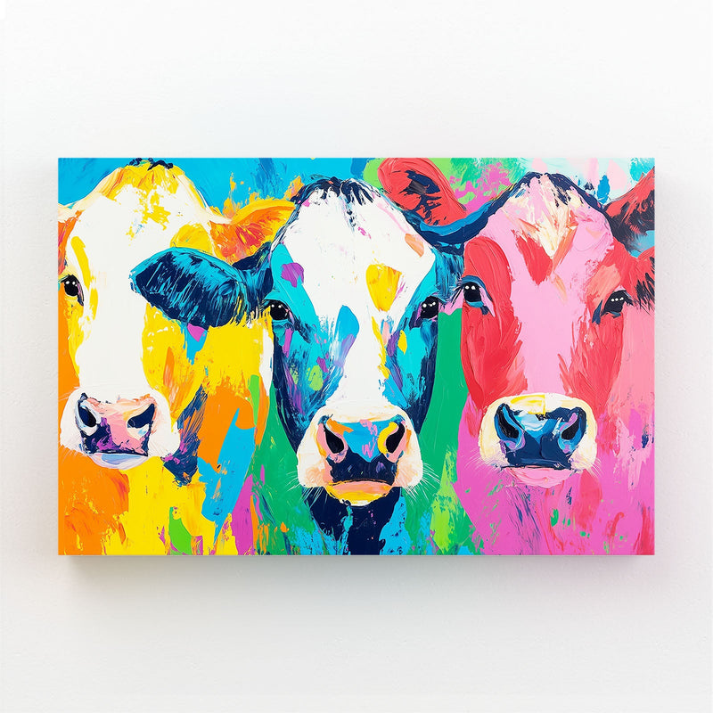 Colorful Cow Wall Art – angled canvas view on white background