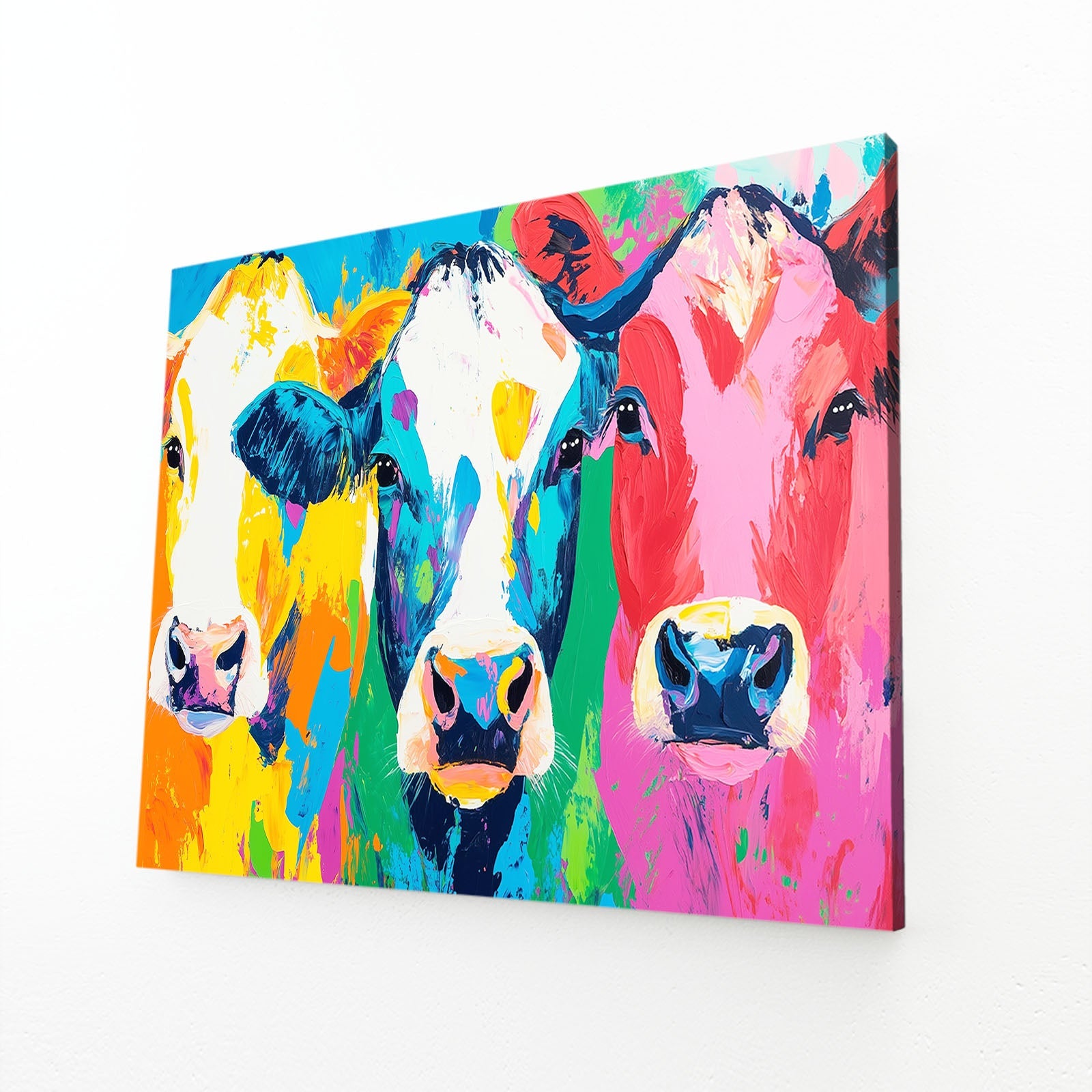 Colorful Cow Wall Art – angled canvas view on white background