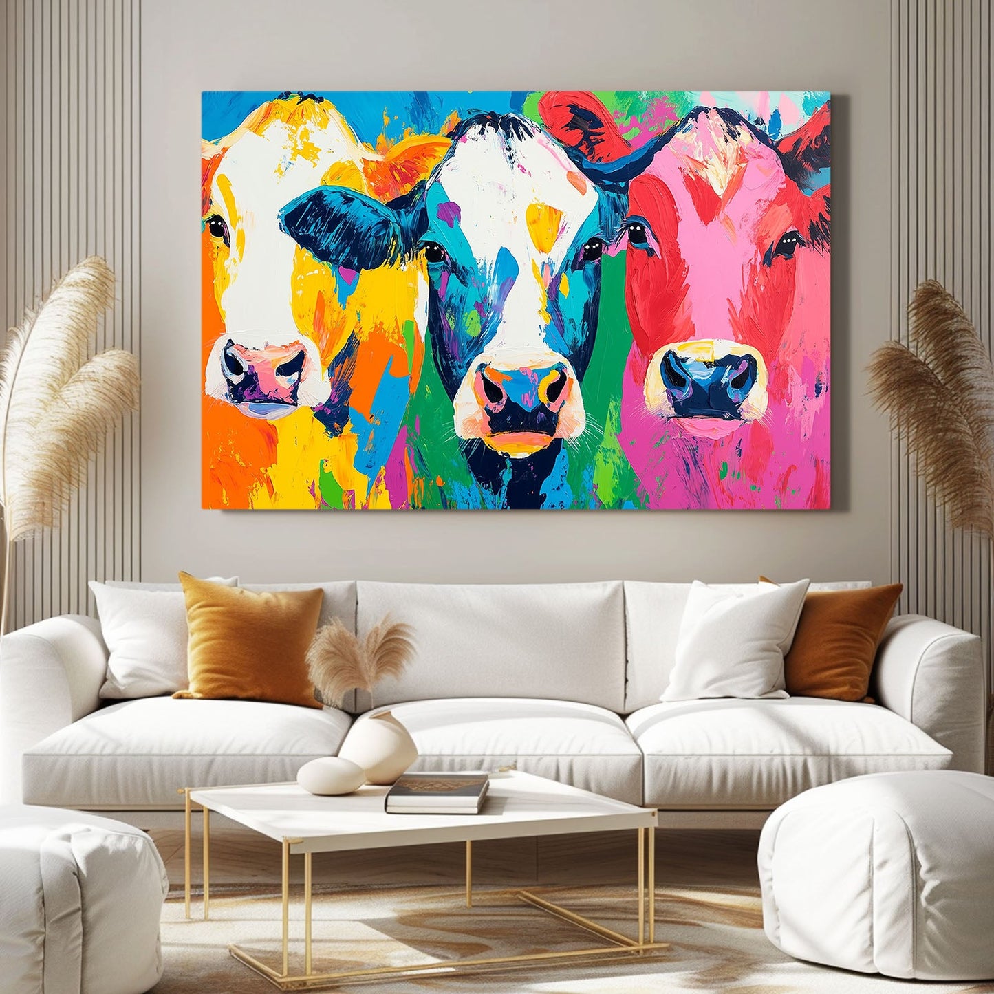 Colorful Cow Wall Art – angled canvas view on white background