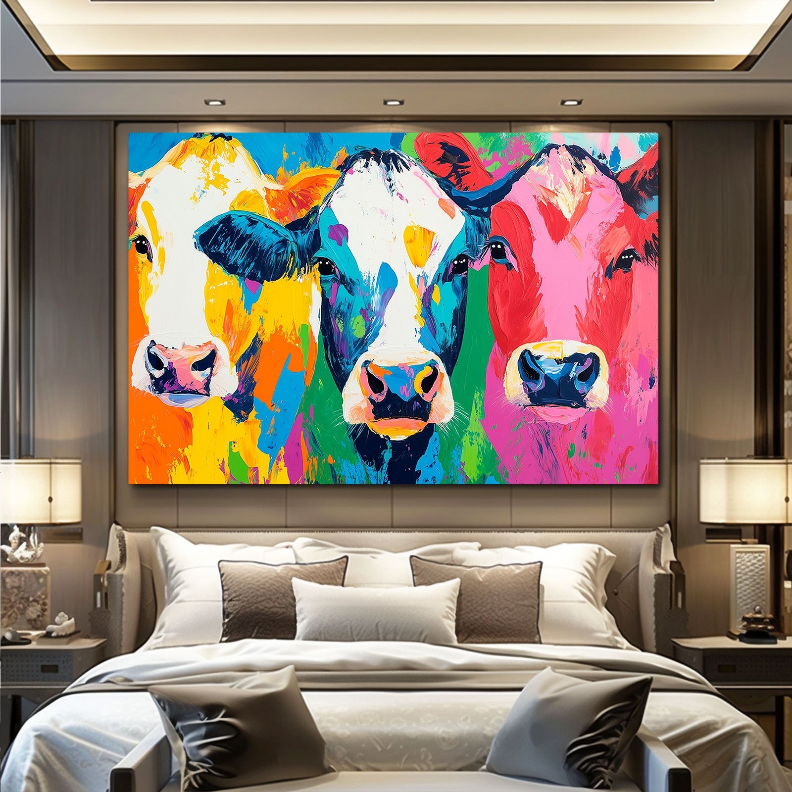 Colorful Cow Wall Art – angled canvas view on white background