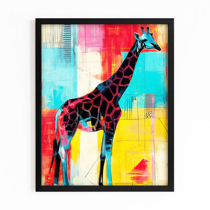 Framed artwork of a colorful giraffe on a abstract background