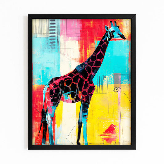 Framed artwork of a colorful giraffe on a abstract background