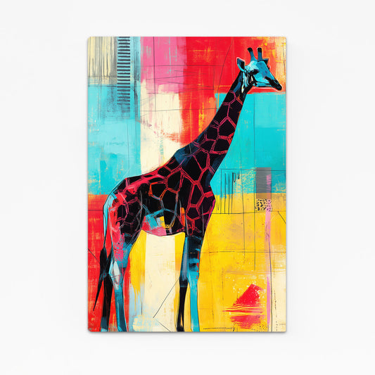 Colorful abstract painting of a giraffe on a white background