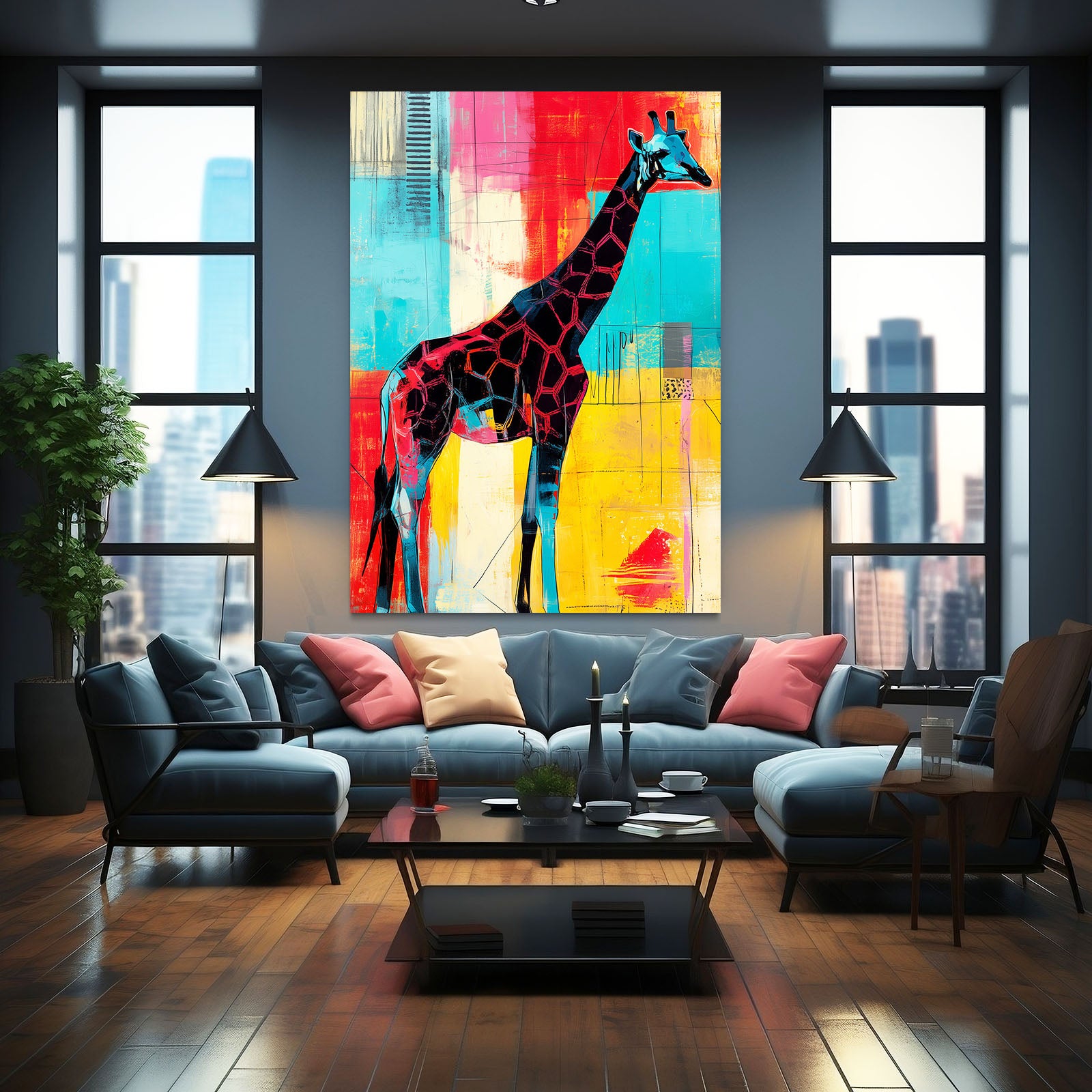 Modern living room with a colorful abstract painting of a giraffe on the wall.