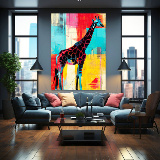 Colorful Giraffe Art — pop art canvas print in blue tones, view 4