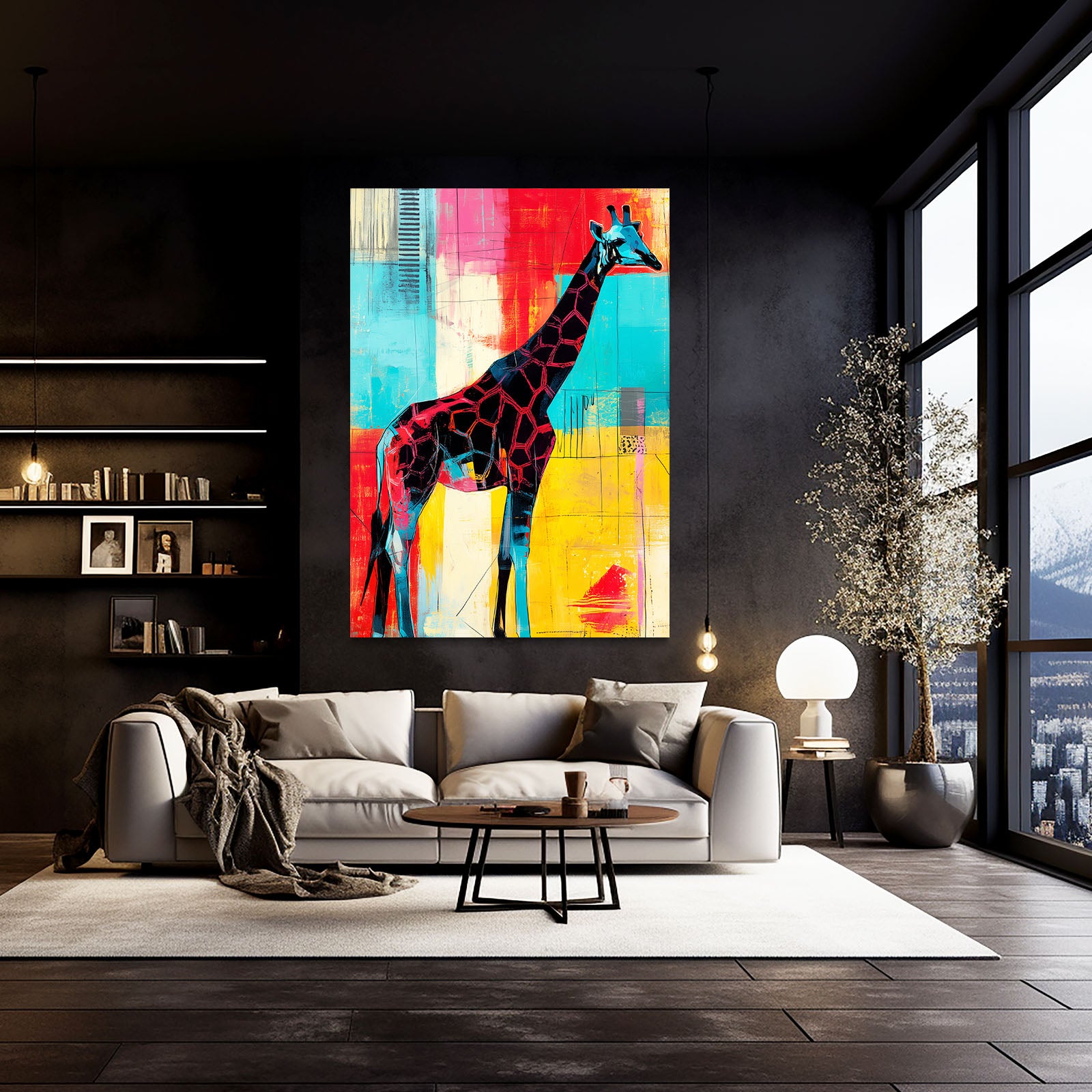 Modern living room with a colorful abstract painting of a giraffe on a dark wall.