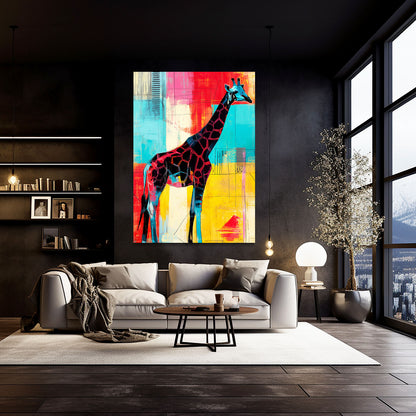 Modern living room with a colorful abstract painting of a giraffe on a dark wall.