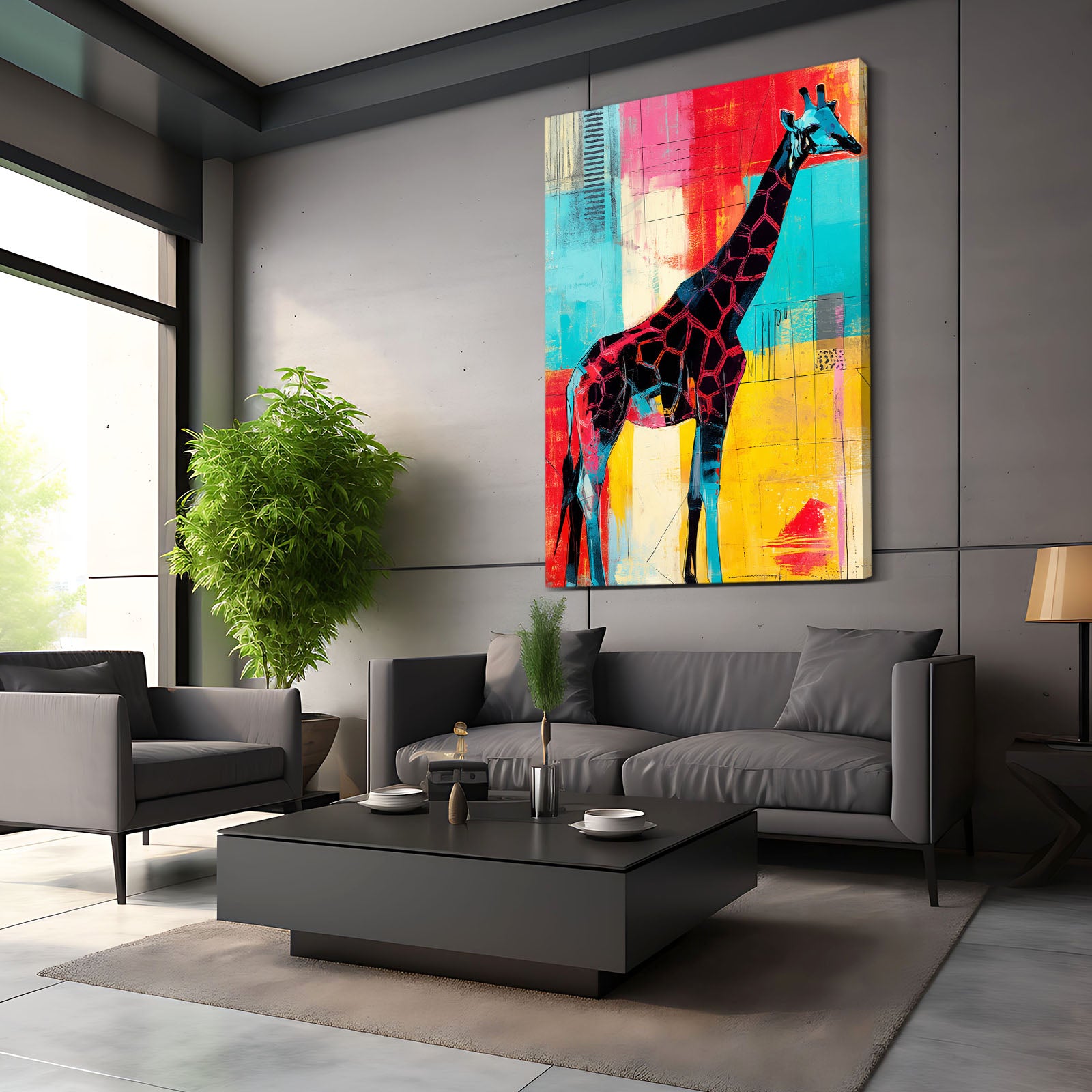 Modern living room with a colorful abstract painting of a giraffe on the wall.