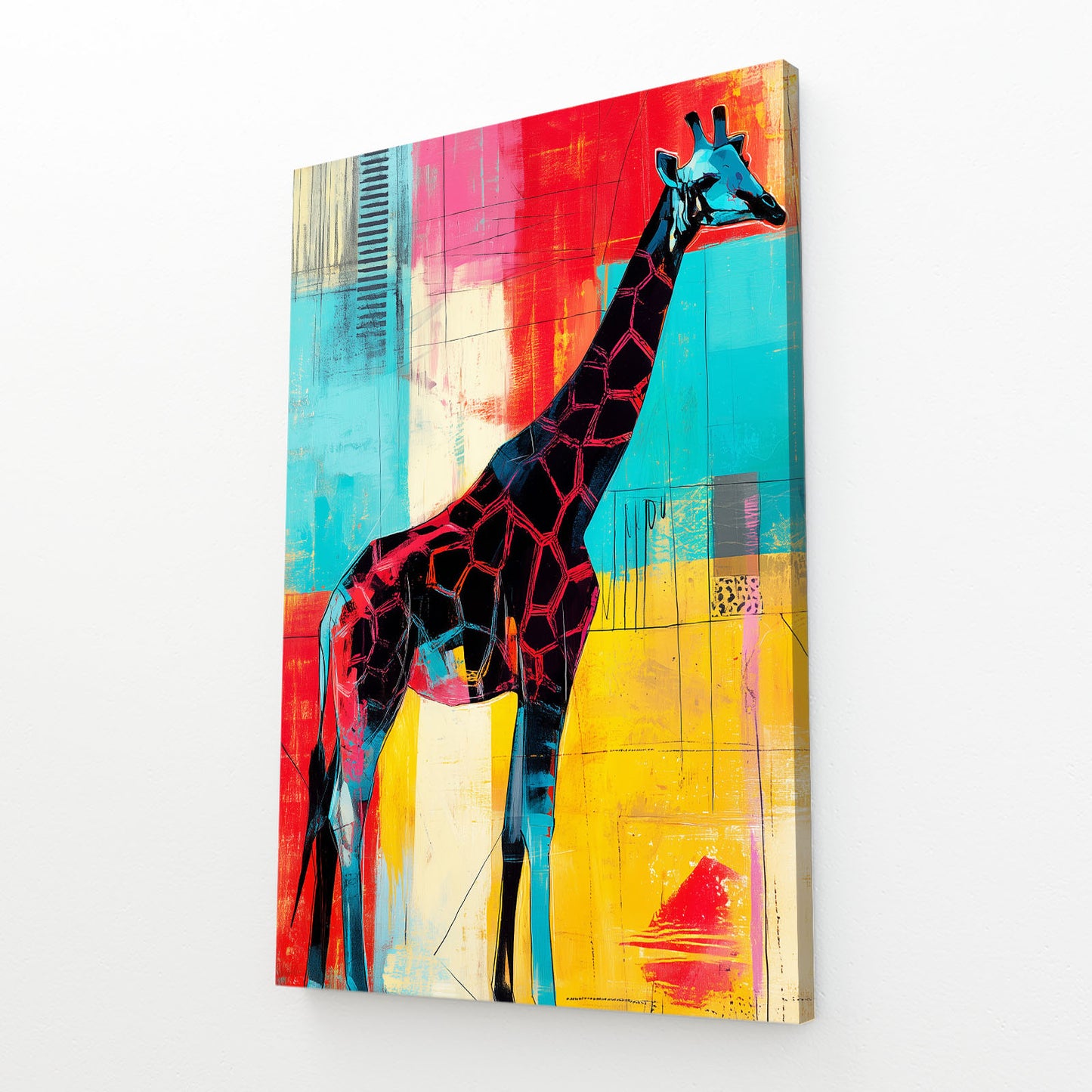 Colorful abstract painting of a giraffe on a white background
