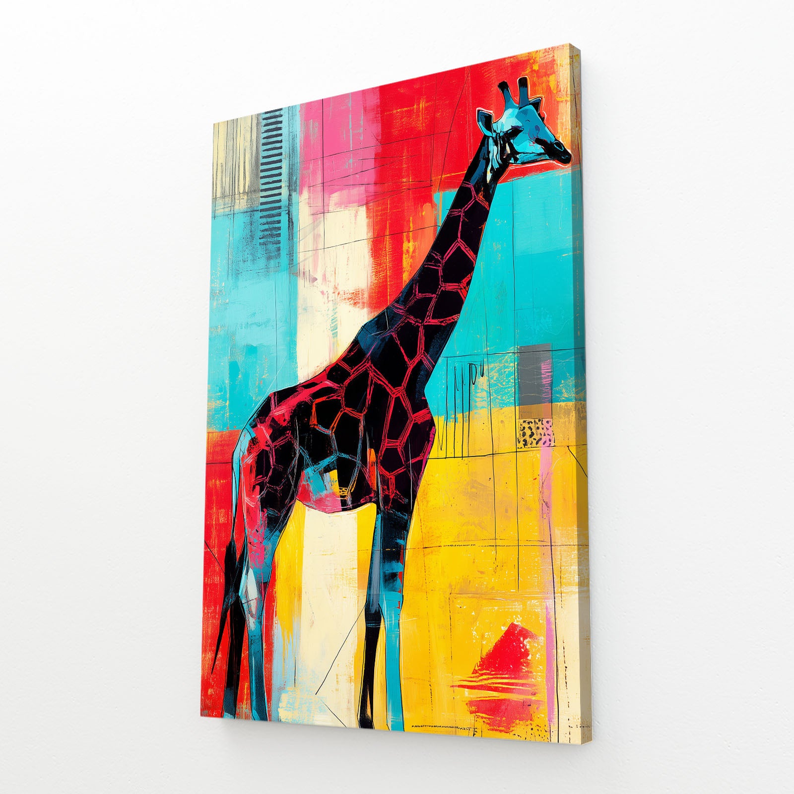 Colorful abstract painting of a giraffe on a white background