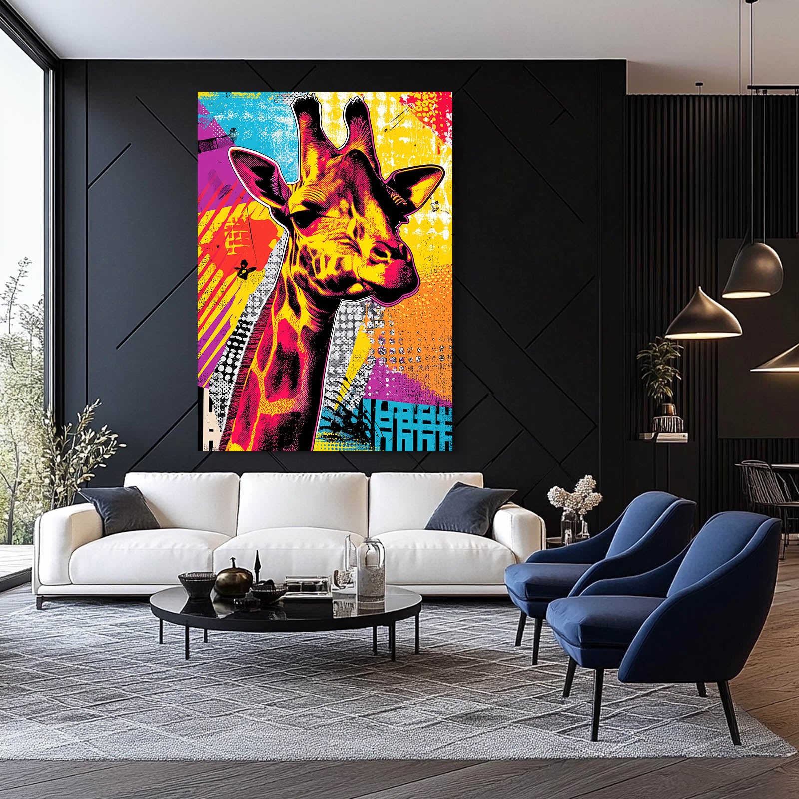 Modern living room with a colorful giraffe painting on the wall.