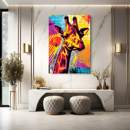 Colorful giraffe painting on a wall in a modern interior setting.