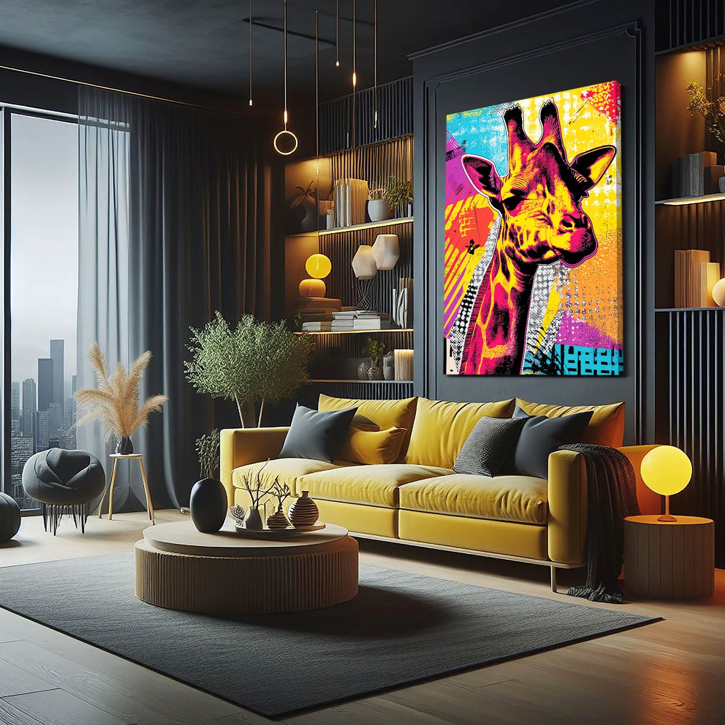Modern living room with a yellow sofa, colorful giraffe painting, and decorative items.