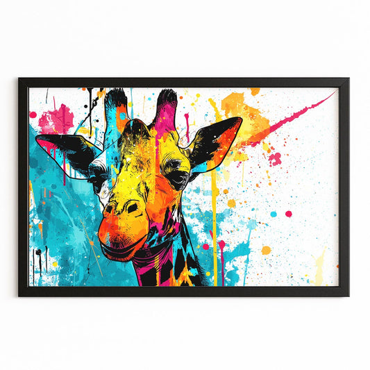 Colorful abstract painting of a giraffe on a white background