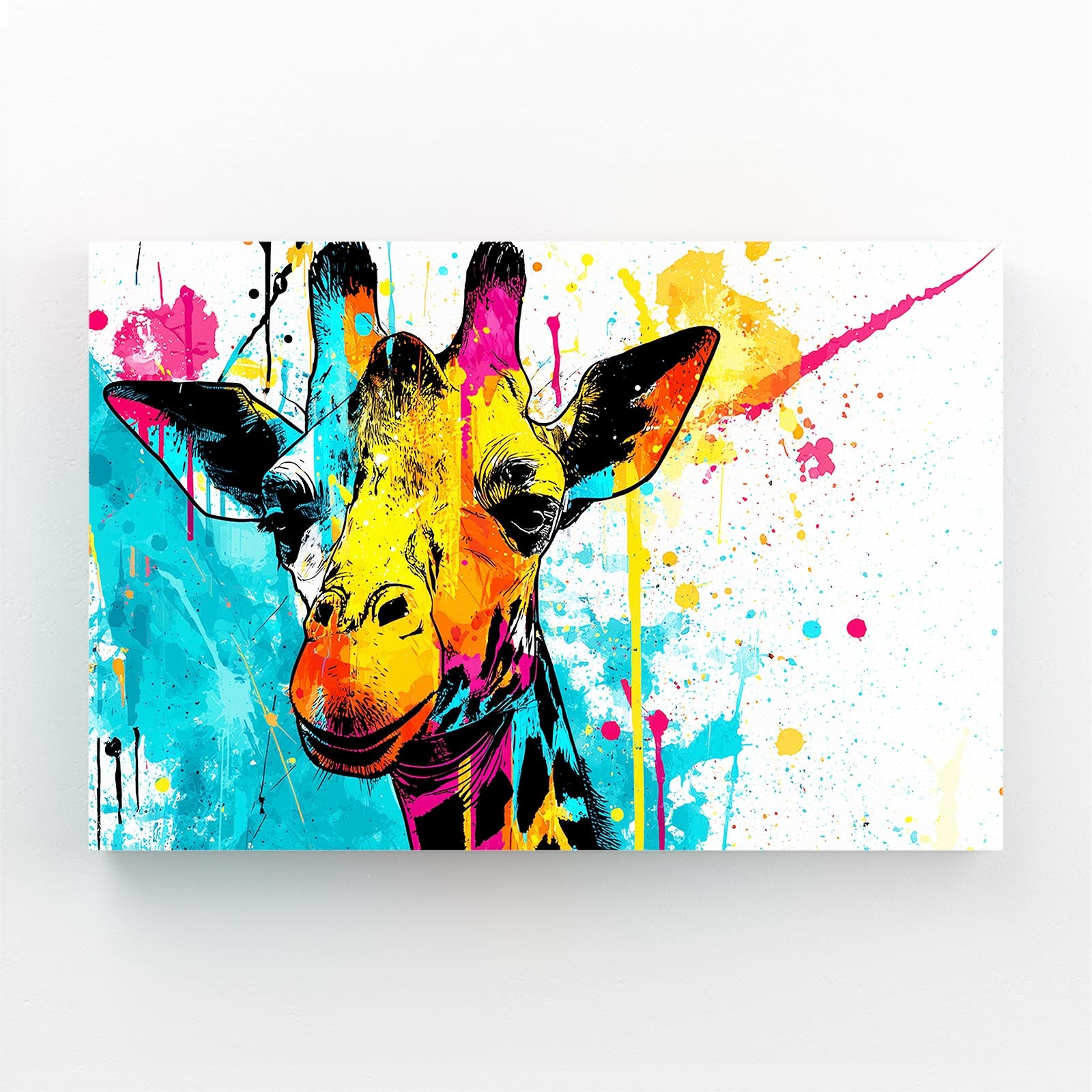 Colorful abstract painting of a giraffe with splashes of paint on a white background