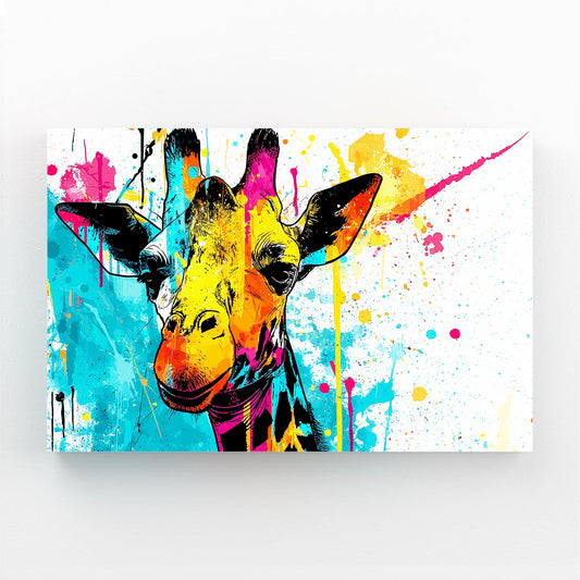 Colorful abstract painting of a giraffe with splashes of paint on a white background