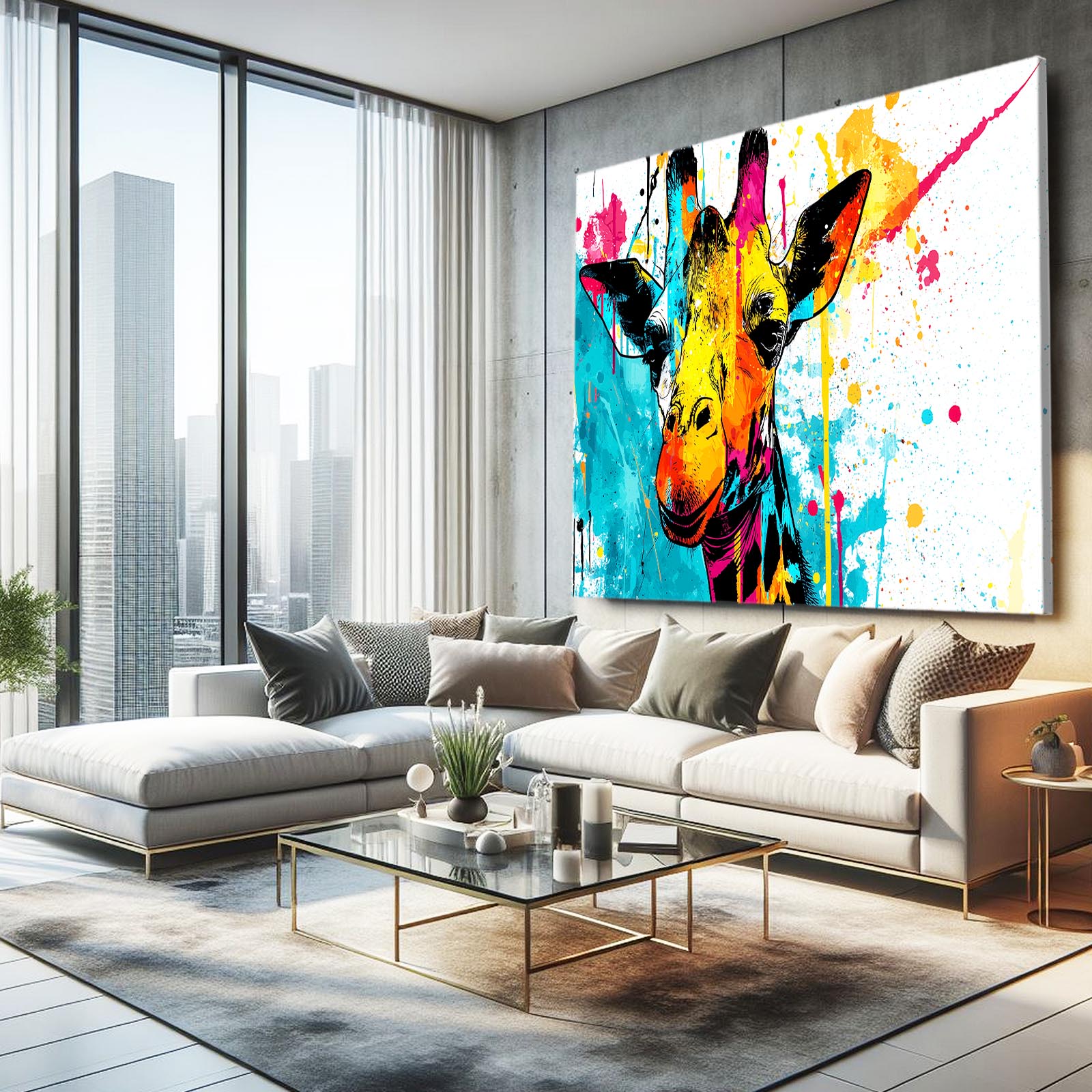 Modern living room with a colorful giraffe painting on the wall.
