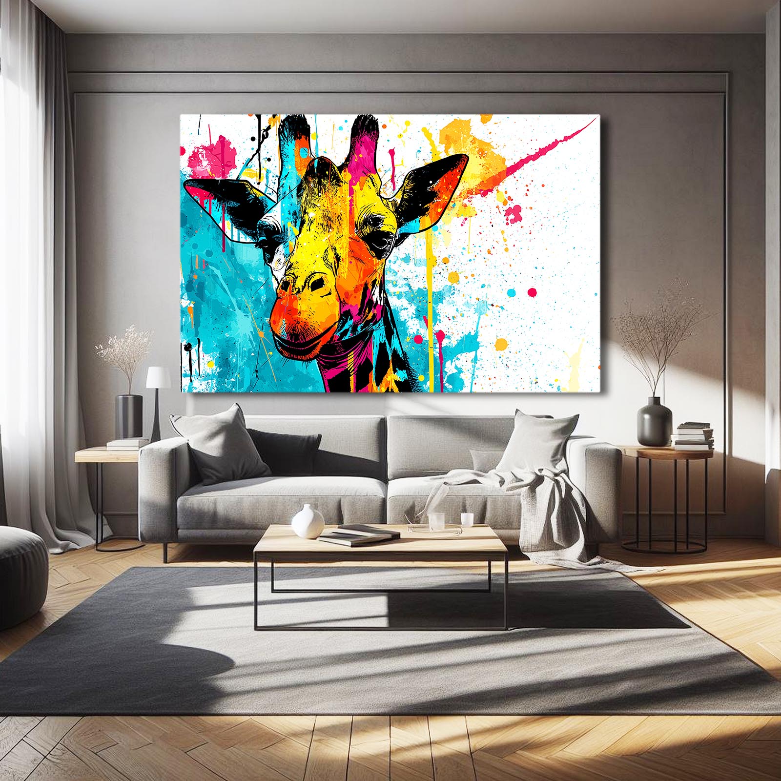 Colorful abstract giraffe painting on a wall in a modern living room.