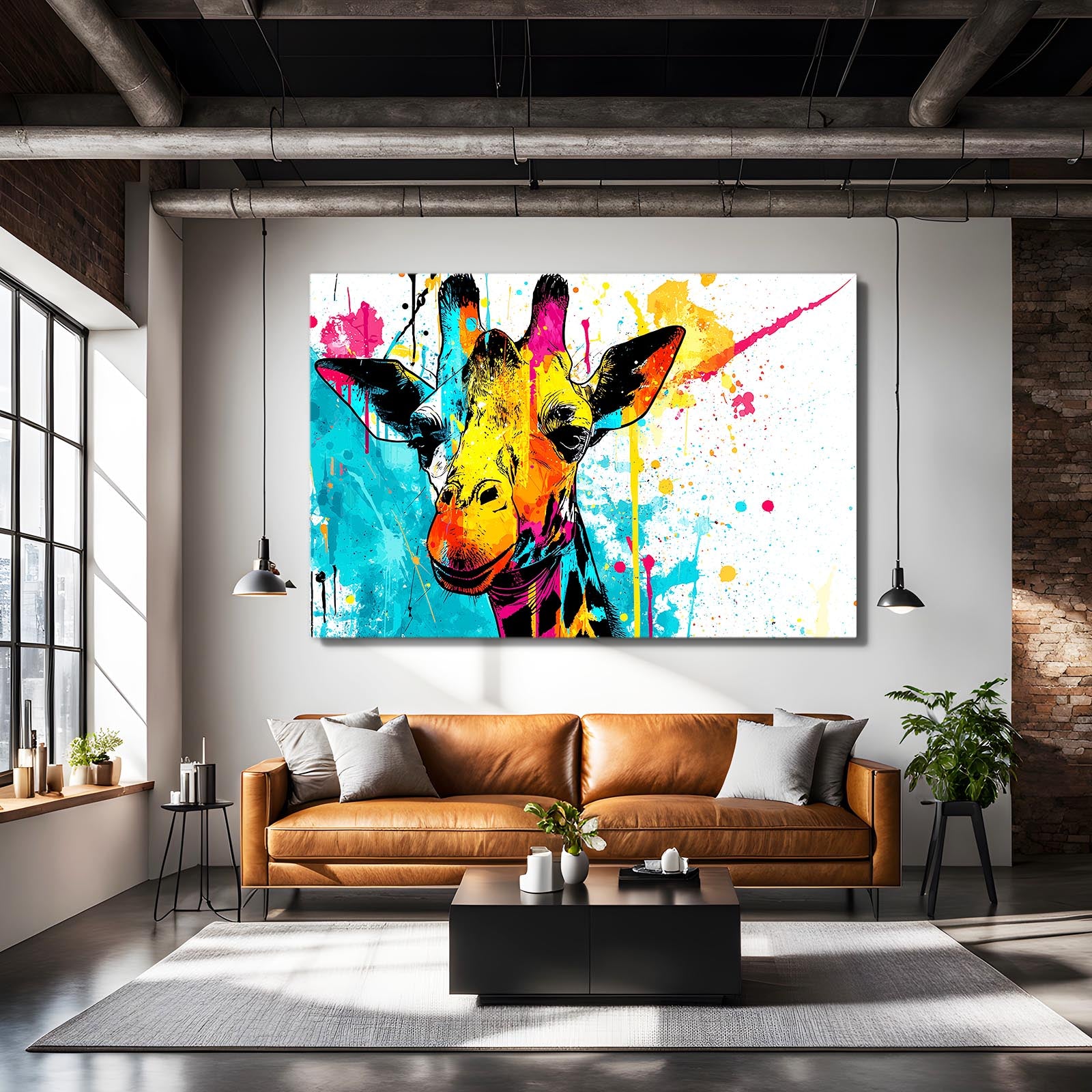 Living room with a colorful giraffe painting on the wall