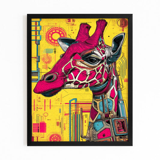 Framed artwork of a stylized giraffe with mechanical elements on a yellow background
