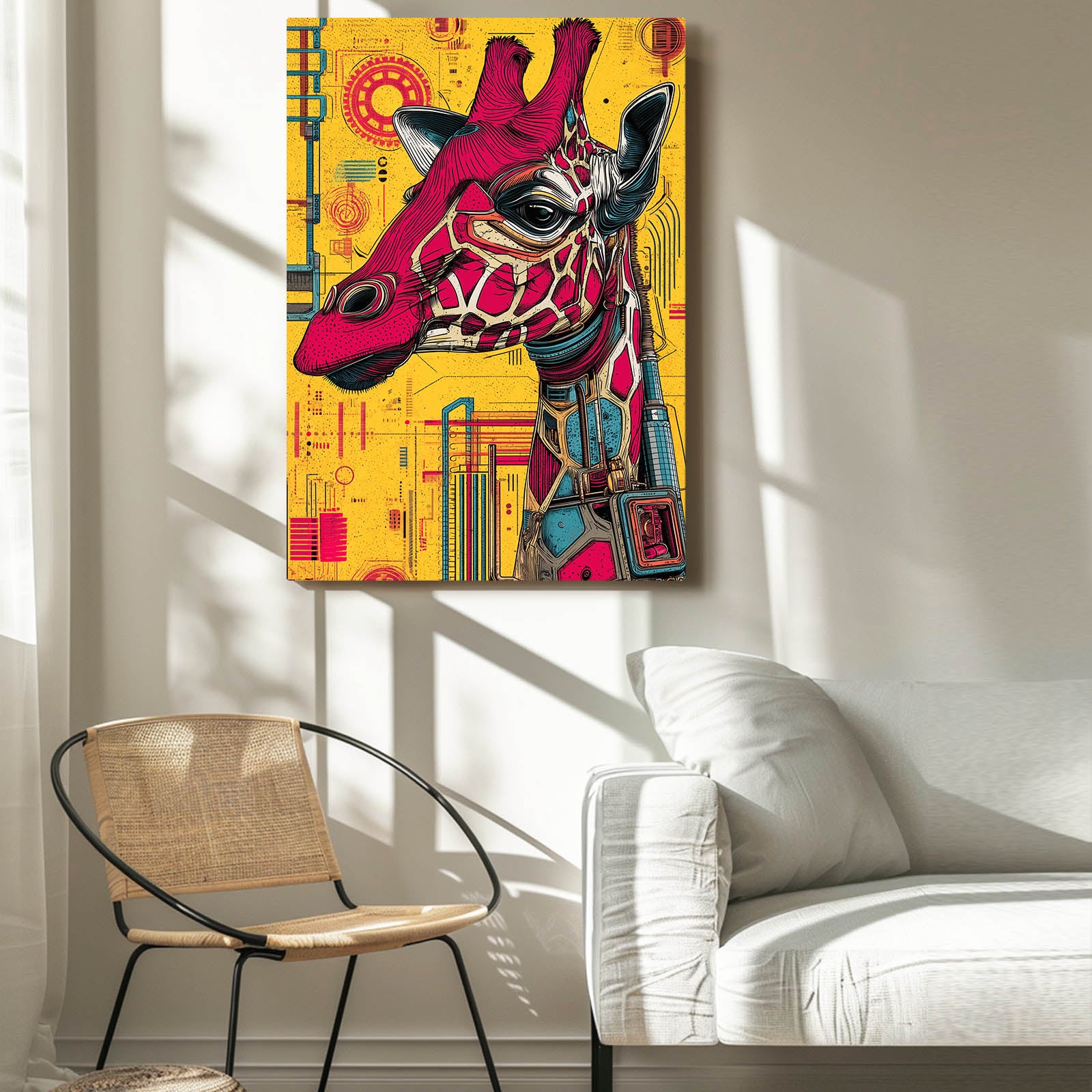 Colorful giraffe painting on a wall in a living room with a chair and sofa.
