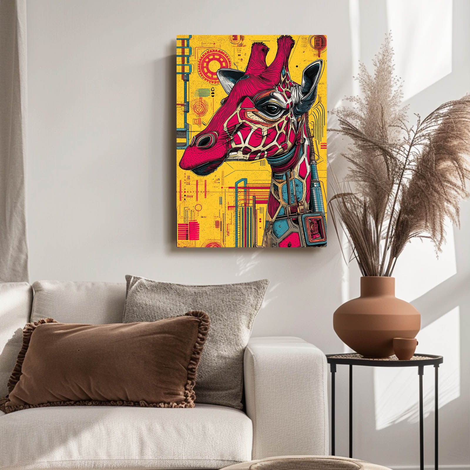 Colorful abstract giraffe painting on a wall above a sofa with decorative pillows.