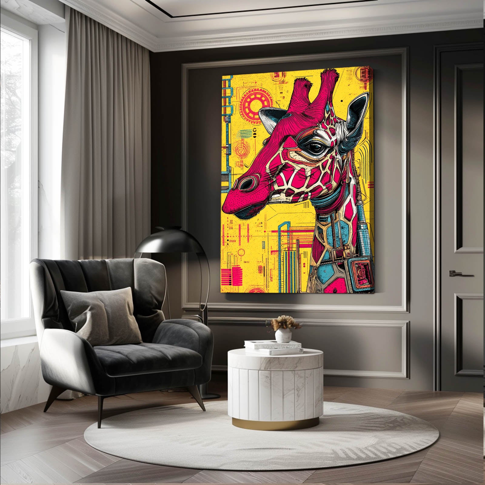 Modern living room with a colorful abstract giraffe painting on the wall.