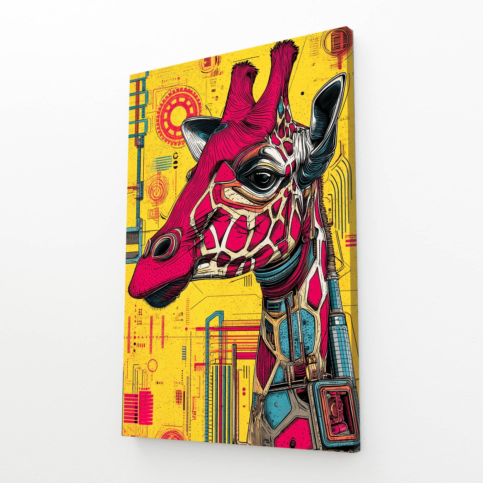 Colorful giraffe illustration on a yellow background