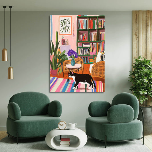 Colorful Haven Cat Wall Art — boho canvas print in orange tones, view 3