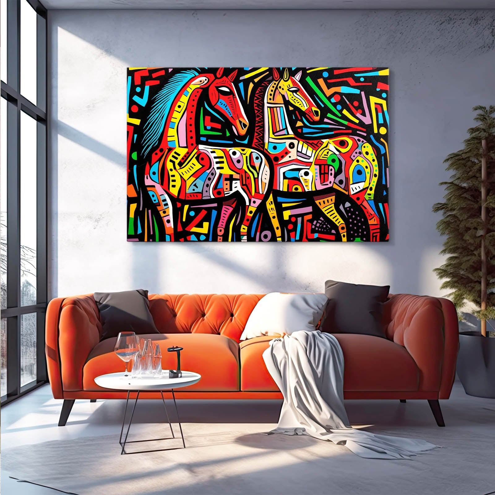 Colorful Horse Artwork – angled canvas view on white background