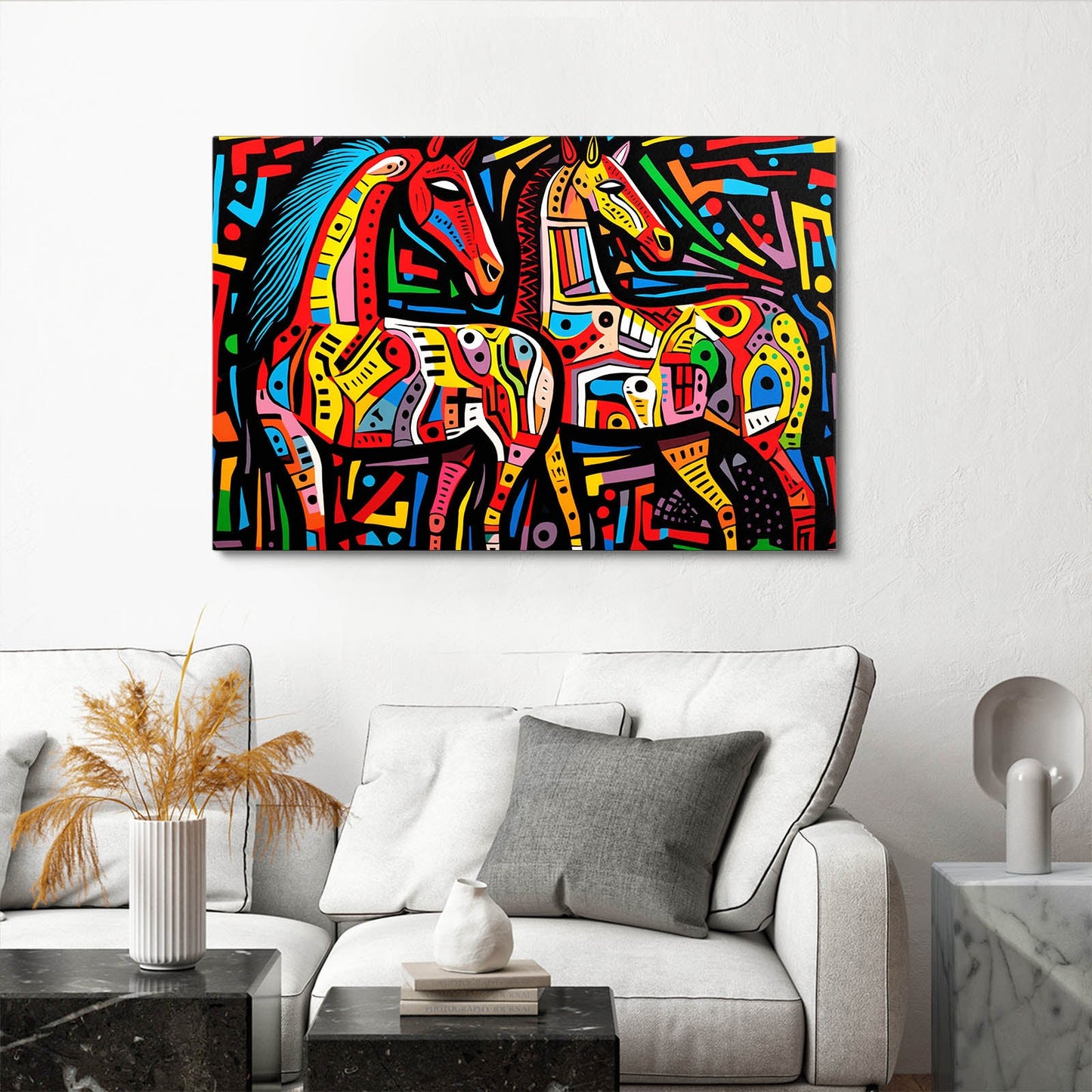 Colorful Horse Artwork – angled canvas view on white background