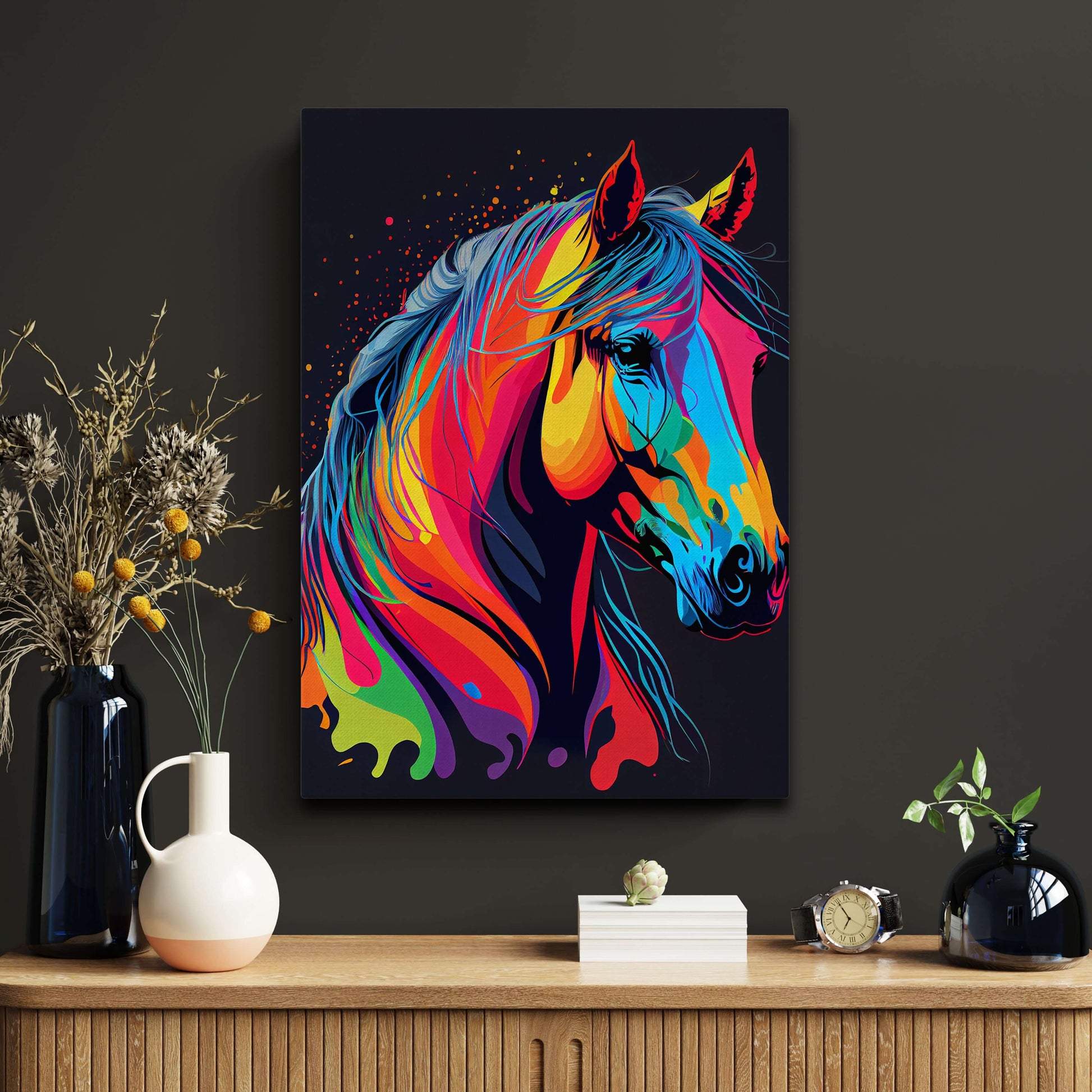 Colorful Horse Wall Art – angled canvas view on white background